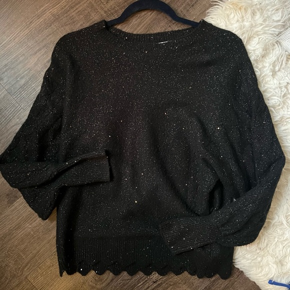 Elle small sparkle sequin glitter black sweater scallop long sleeve balloon - Picture 1 of 9